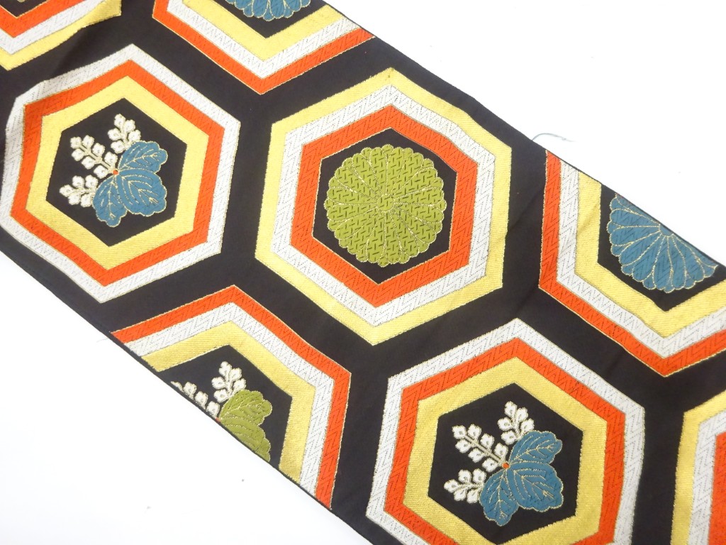 JAPANESE KIMONO / ANTIQUE FUKURO OBI / WOVEN KIKU & PAULOWNIA